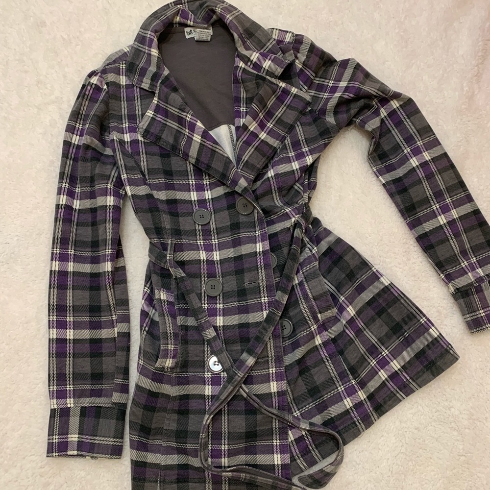 Self Esteem M purple, gray, and white coat